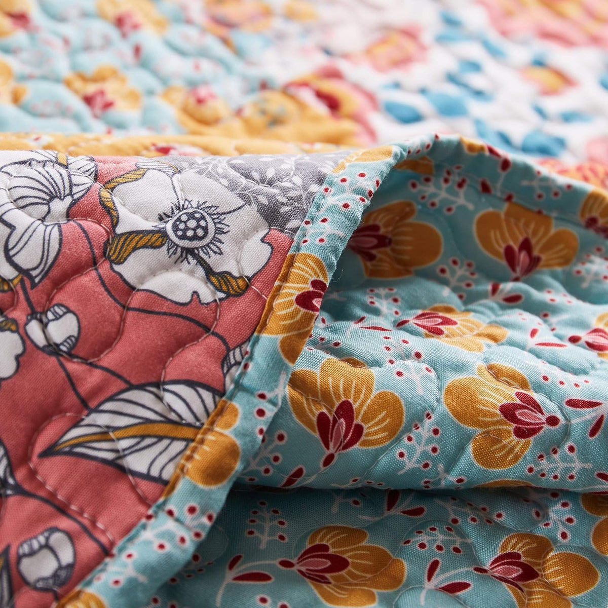 Barefoot Bungalow Carlie Floral Multicolor Juego de edredón Reversible, Tamaño 3 Piezas King, Retazos de calicó