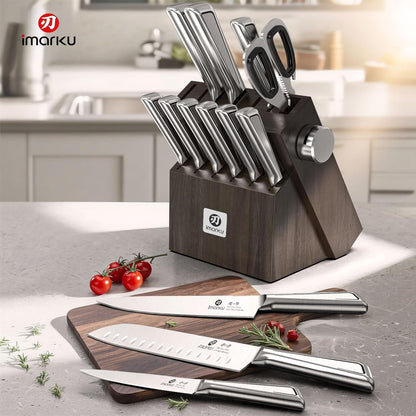 imarku Juego de cuchillos para cocina con bloque Juego de cuchillos japoneses de acero inoxidable para cocina con bloque 14 piezas, afilador incorporado, juego de cuchillos afilados con mangos ergonóm