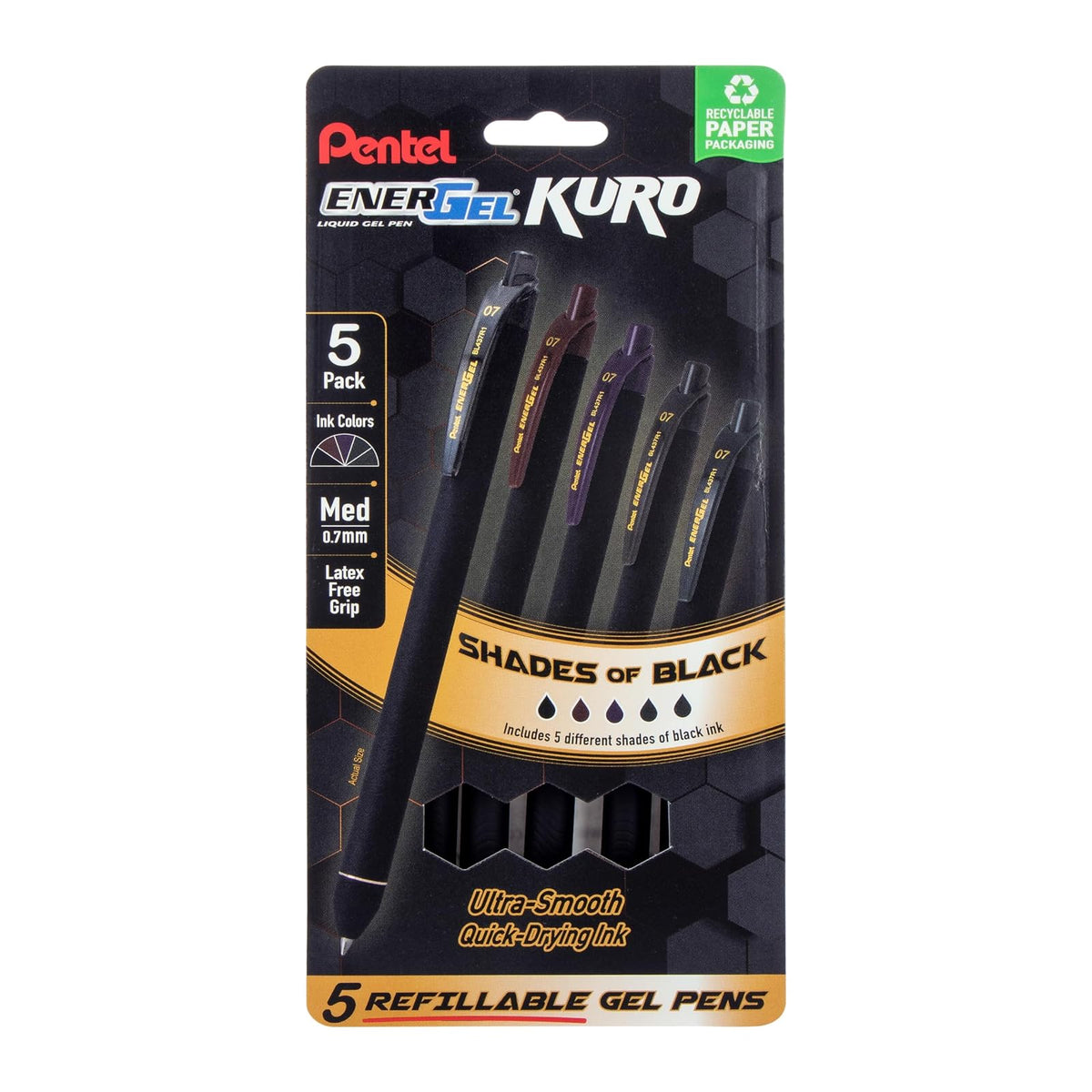 Pentel EnerGel Kuro - Bolígrafo retráctil de gel líquido, tonos de negro, punta de 0,7 mm, tinta negra surtida, paquete de 5 bolígrafos ()