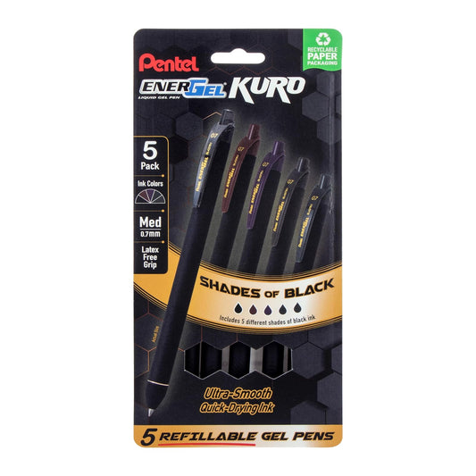 Pentel EnerGel Kuro - Bolígrafo retráctil de gel líquido, tonos de negro, punta de 0,7 mm, tinta negra surtida, paquete de 5 bolígrafos ()