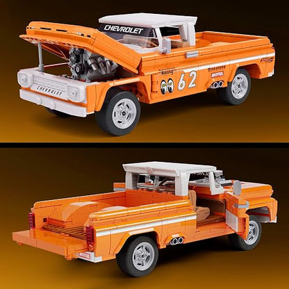 Hot Wheels Brick Shop Juguete de Construcción Custom Chevy '62 Pickup 1:16 | Serie Elite; incluye motor expuesto, calcomanías, placa de colección y auto de metal, para coleccionistas