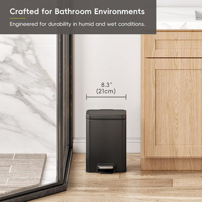 EKO Madison - cubeta de basura para baño de 6 litros/1.6 galones con tapa y cesta interior extraíble, cubeta de basura rectangular de pequeño paso, acero inoxidable cepillado