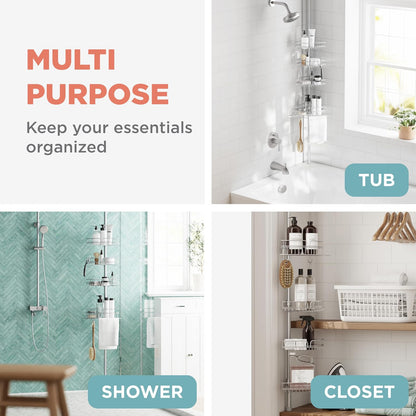 Zenna Home - Soporte de ducha con barra de tensión, sistema de almacenamiento de ducha ajustable en esquinas, con 4 cestas y barra de toallas integrada, solución de organización de baño, 60 a 97