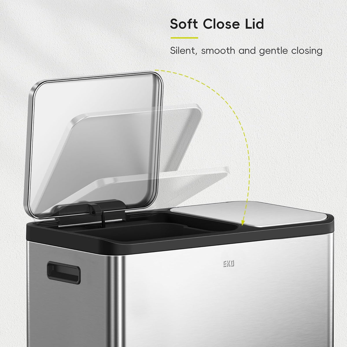 EKO EcoCasa - cubeta de basura de acero inoxidable de doble paso para reciclaje, cubeta de basura rectangular de cocina de 30 l+20 l, pedales y tapas independientes, cierre suave y resistente a las