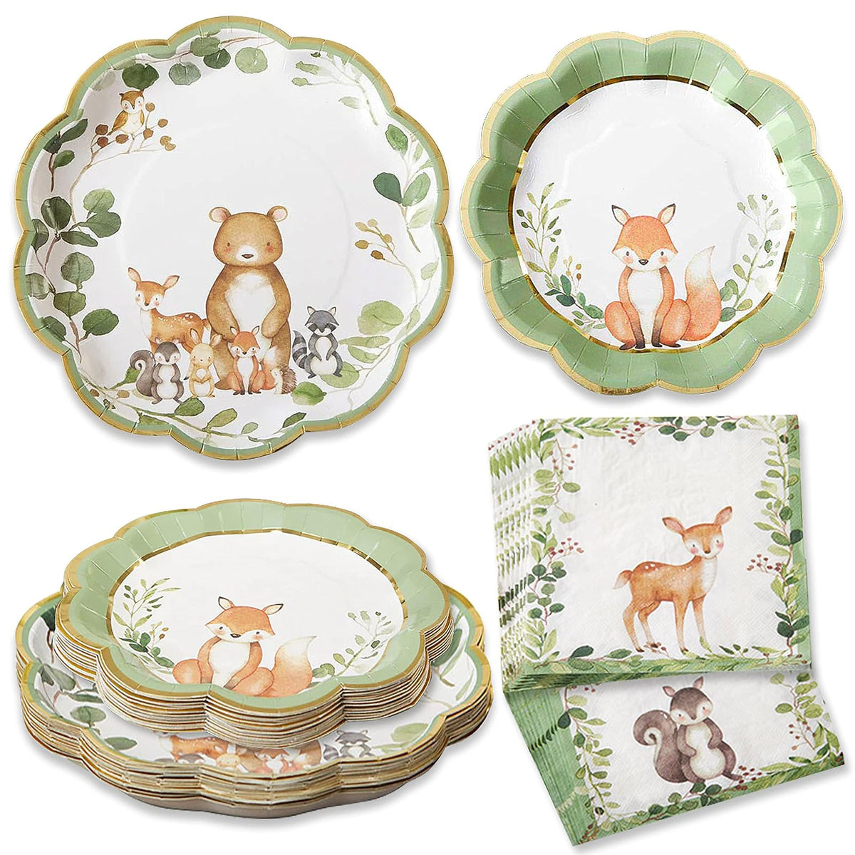 Kate Aspen Woodland - Decoraciones para baby shower, 62 piezas, platos de papel desechables y servilletas, suministros de fiesta para 16 invitados, tema de animales del bosque para decoración de mesa