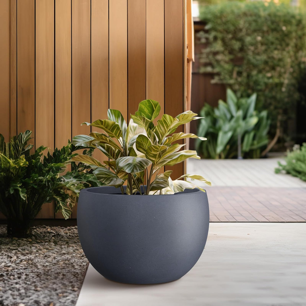 Kante - Maceta Redonda de hormigón de 15.7 Pulgadas de diámetro, para Exteriores e Interiores, con Orificio de Drenaje y tapón de Goma para jardín, Patio, balcón, hogar, carbón