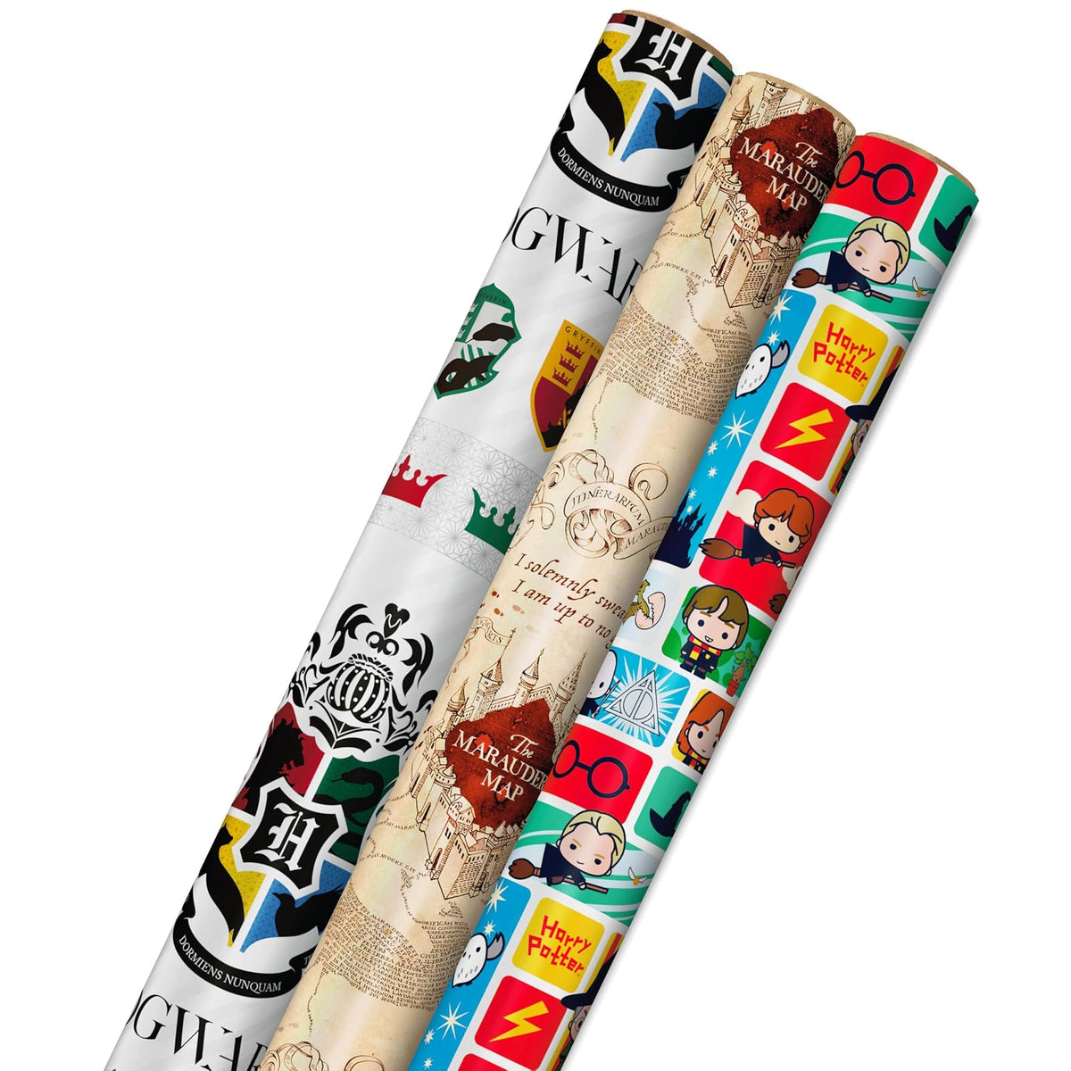 Hallmark Harry Potter - Papel de regalo con líneas de corte en el reverso (paquete de 3: 60 pies cuadrados, mapa del merodeador, escudo de Hogwarts) para cumpleaños, graduaciones, Navidad, día de San Valentín