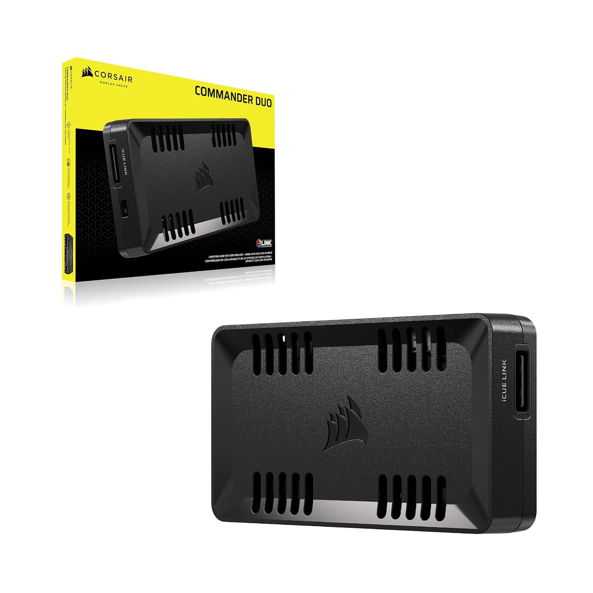 CORSAIR COMMANDER DUO iCUE LINK RGB Controlador del Ventilador y de Iluminación – Controla 12 Ventiladores Mediante Cadena Tipo Daisy-Chain PWM, Dos Sensores de Temperatura Flexibles Incluidos – Negro
