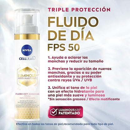 NIVEA Kit Anti-manchas Rutina Facial Completa Luminous 630 (4 piezas), Enriquecida con Ácido Hialurónico Serum facial + Fluido facial con Vitamina E y FPS50 + Contorno de Ojos Anti-ojeras + Crema de Noche Reparadora