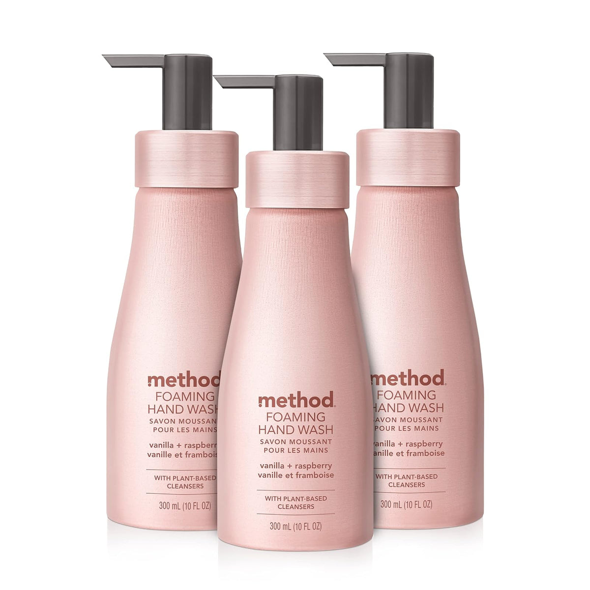 Method Jabón de Manos Espumante Premium 10 fl oz | Vainilla + Frambuesa, Pack de 3, Botella de Aluminio Rosado Reutilizable, Fórmula Biodegradable