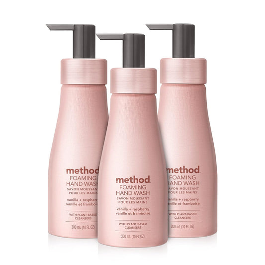 Method Jabón de Manos Espumante Premium 10 fl oz | Vainilla + Frambuesa, Pack de 3, Botella de Aluminio Rosado Reutilizable, Fórmula Biodegradable