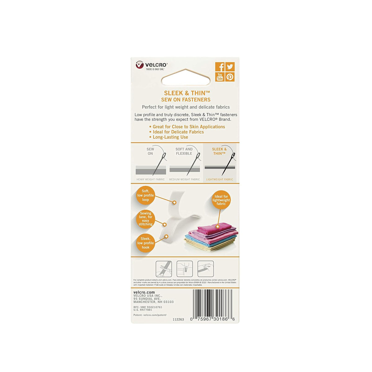 Velcro Marca Elegante y Delgada para Telas, Cinta de 6 pies x 3/4 Pulgadas, Color Blanco, Suave en la Piel, Ultra Ligera con tecnología de Carril de Costura