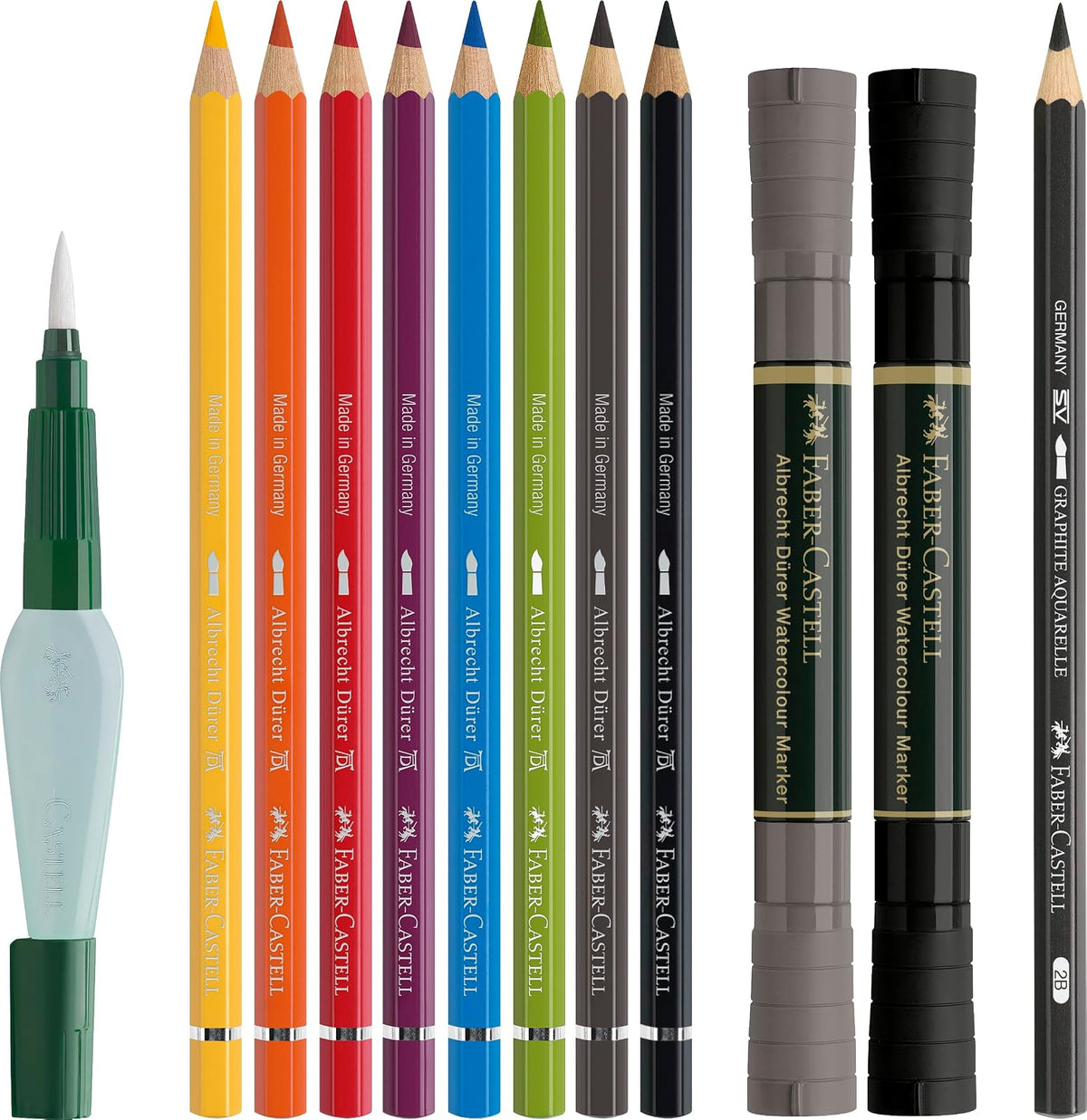Faber-Castell Discovery Set Albrecht Durer - Juego de arte soluble en agua, 12 piezas, suministros para artistas, lápices para colorear acuarela, rotuladores de acuarela, cepillo para polvo de agua