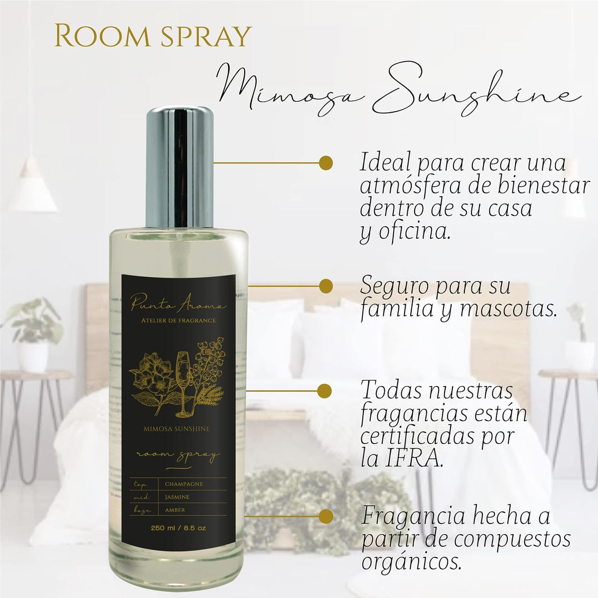 Punto Aroma - Home Mist 250ml - Ambientador de Fragancia Premium - Air Freshener - Spray aromatizante con atomizador - Ideal para casa, automóvil, oficina, carro, baño (Mimosa Sunshine)