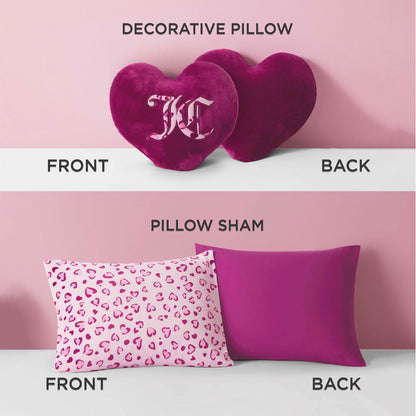 Juicy Couture - Juego de edredón Reversible de Felpa con Corazones de Leopardo de 4 Piezas con Almohada Decorativa