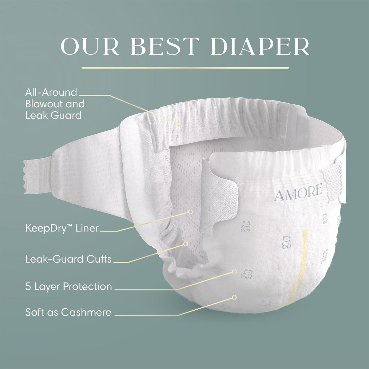 Pampers Amore, tamaño 4 (15-35 libras), 58 unidades, nuestro mejor pañal, hipoalergénico y sin fragancia, hasta 100% a prueba de fugas, suave como la cachemira