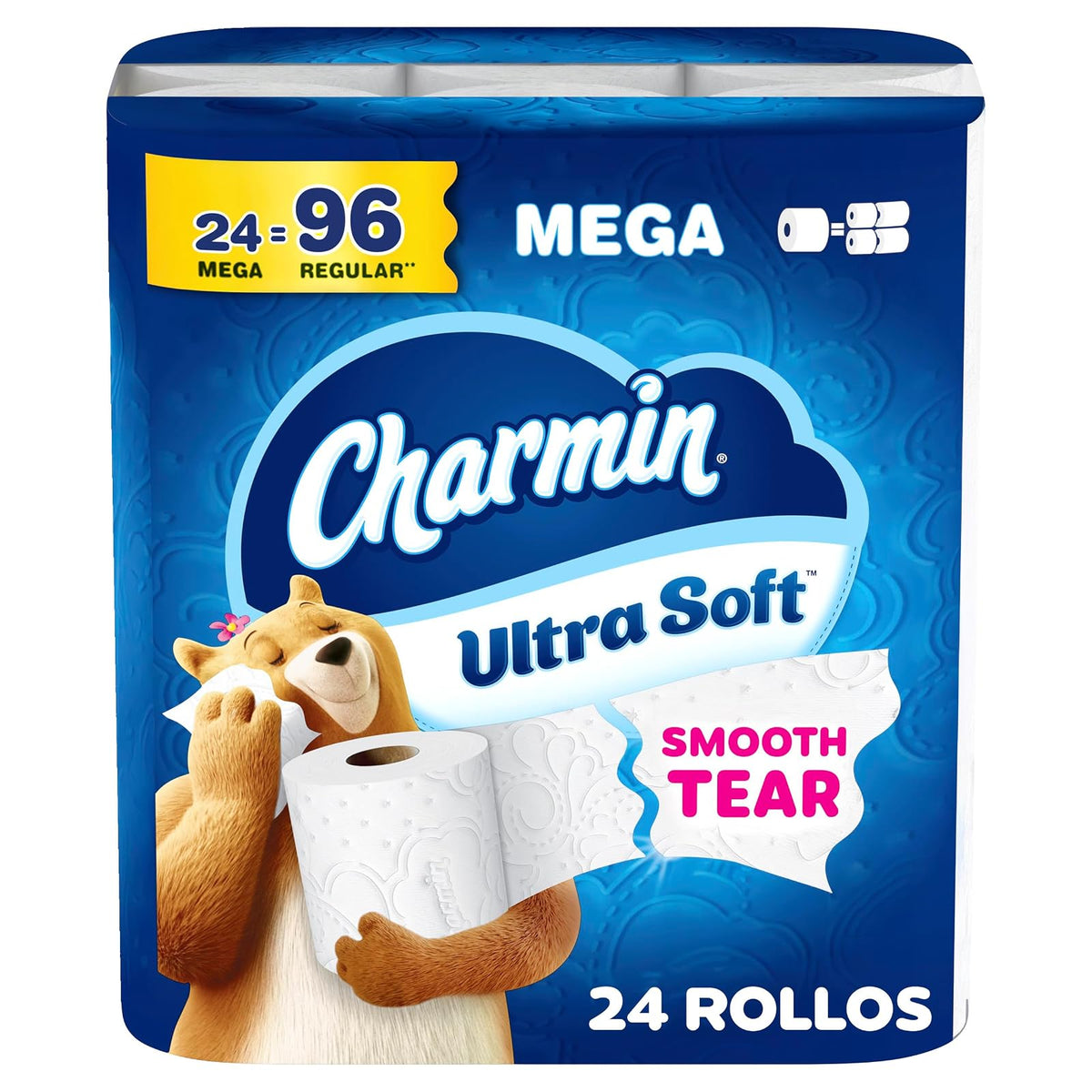 Charmin - Ultra Soft Papel Higiénico, 24 Mega Rollos, 208 Hojas por Rollo, 1 Mega Equivalente a 4 Regulares, Ultra Suave, 2X Más Absorbente, Smooth Tear, No Atascable