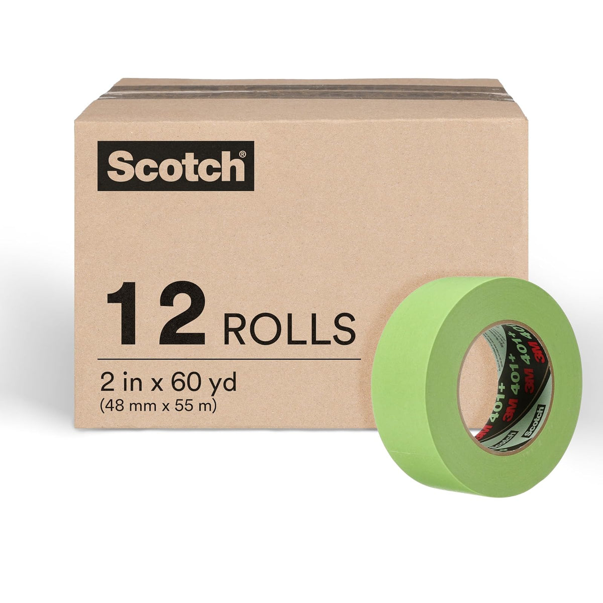 3M High Performance Green Masking Tape 401+, 48 mm x 55 m (Case of 12)