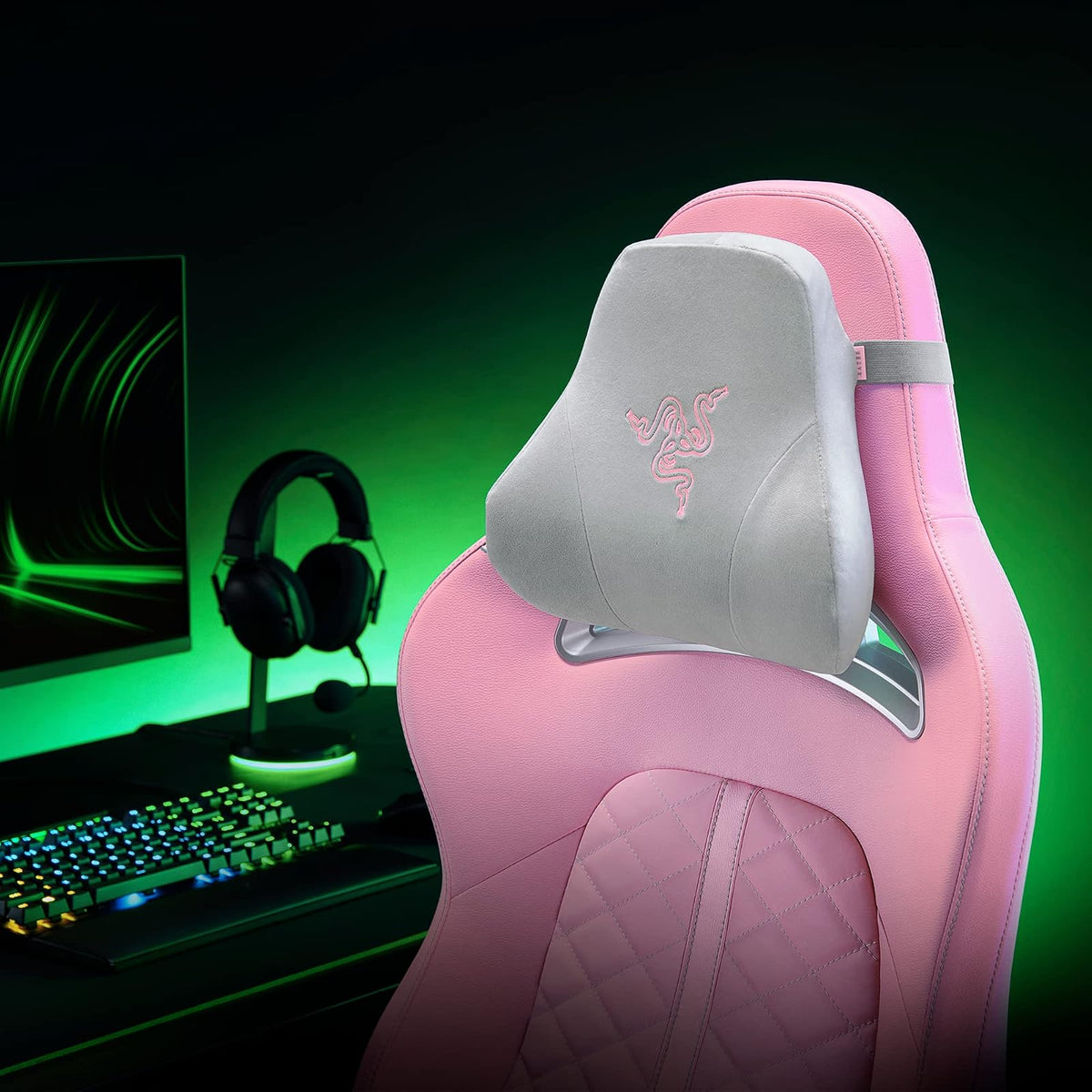 Razer - Cojín de Cabeza para Cuello y Cabeza para sillas de Juegos, Cuarzo | Diseño ergonómico, acolchado de espuma viscoelástica, envuelto en terciopelo rosa de felpa