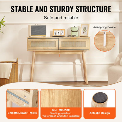 VEVOR Mesa Consola de ratán con 2 cajones de Almacenamiento, Mesa de Entrada de ratán con Puerta corrediza de ratán Natural, Mesa Consola de sofá para Sala de Estar, Entrada o Pared de TV, Natural