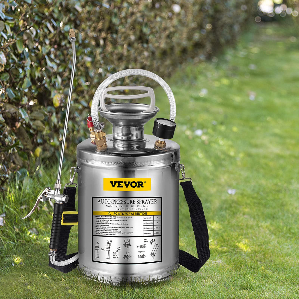 VEVOR Pulverizador de Mochila Manual Capacidad de 4 L Rociador de Mochila Presión de 1,5-4,0 Bar con Boquilla de Latón Uso en Interior y Exterior para Jardinería Doméstica y Limpieza de Pisos