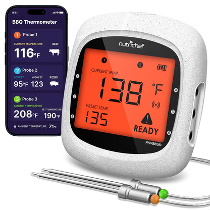 NutriChef Smart Bluetooth barbacoa termómetro w/pantalla digital - inoxidable Dual sondas seguro a dejar en al aire libre barbacoa carne ahumador - PWIRBBQ80