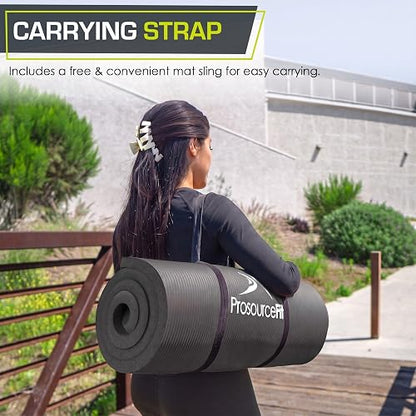 ProsourceFit - Colchoneta extra gruesa para yoga y pilates de 13 mm (½ pulgada) o 25 mm (1 pulgada) y 180 cm de largo, de alta densidad, con cómoda espuma y correa de transporte, negra