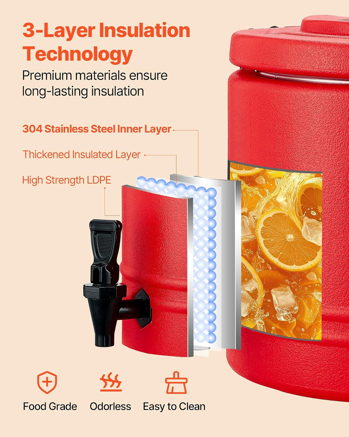 VEVOR Dispensador de bebidas aislado, 2.2 gal / 8 l. | Jarra enfriadora para té, café, restaurante, para servir bebidas frías y calientes al aire libre, con grifo.