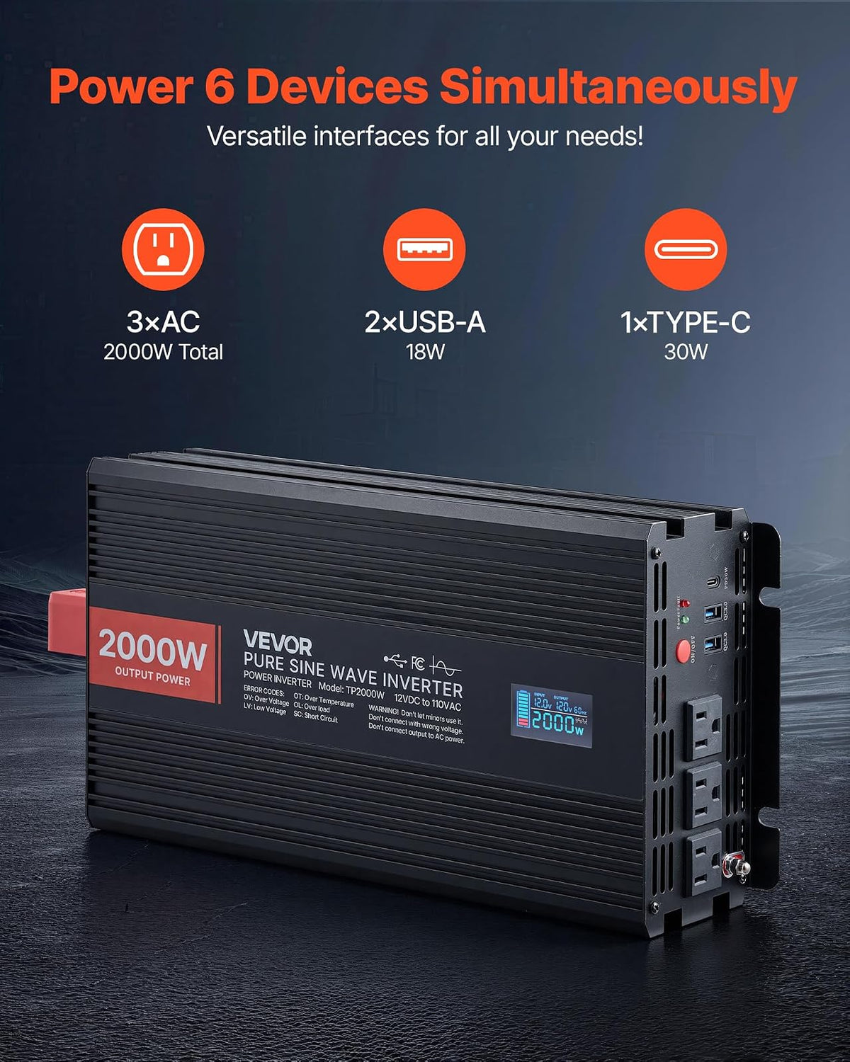 VEVOR Inversor de Onda sinusoidal Pura, 2000 vatios, CC 12 V a CA 120 V inversor de Corriente con 2 Salidas de CA, 2 Puertos USB, 1 Puerto Tipo C, visualización LCD y Control Remoto para Equipos