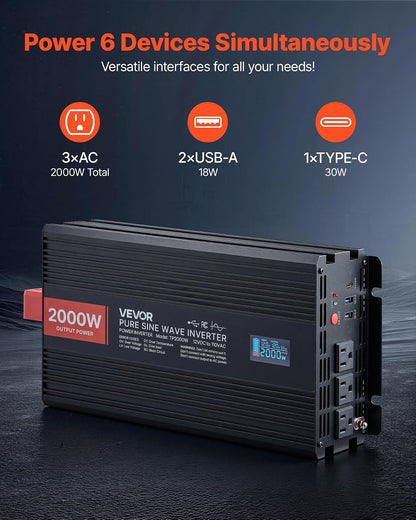 VEVOR Inversor de Onda sinusoidal Pura, 2000 vatios, CC 12 V a CA 120 V inversor de Corriente con 2 Salidas de CA, 2 Puertos USB, 1 Puerto Tipo C, visualización LCD y Control Remoto para Equipos