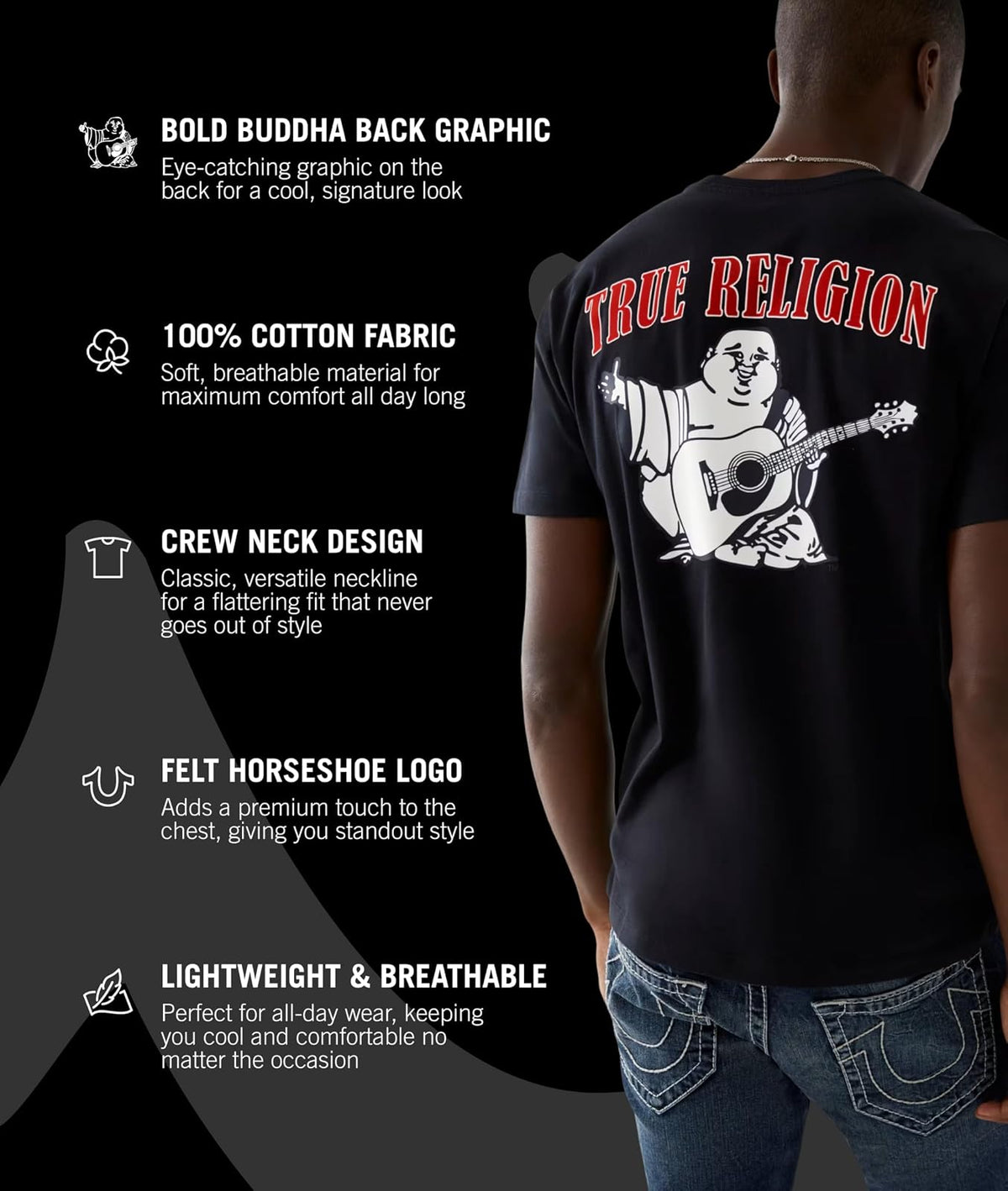True Religion Men's Buddha Logo Short Sleeve Tee | Algodón suave, transpirable | Cuello redondo, ajuste clásico | Logotipo de pecho audaz | Camisetas gráficas para hombre