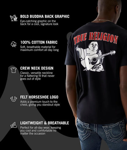 True Religion Men's Buddha Logo Short Sleeve Tee | Algodón suave, transpirable | Cuello redondo, ajuste clásico | Logotipo de pecho audaz | Camisetas gráficas para hombre