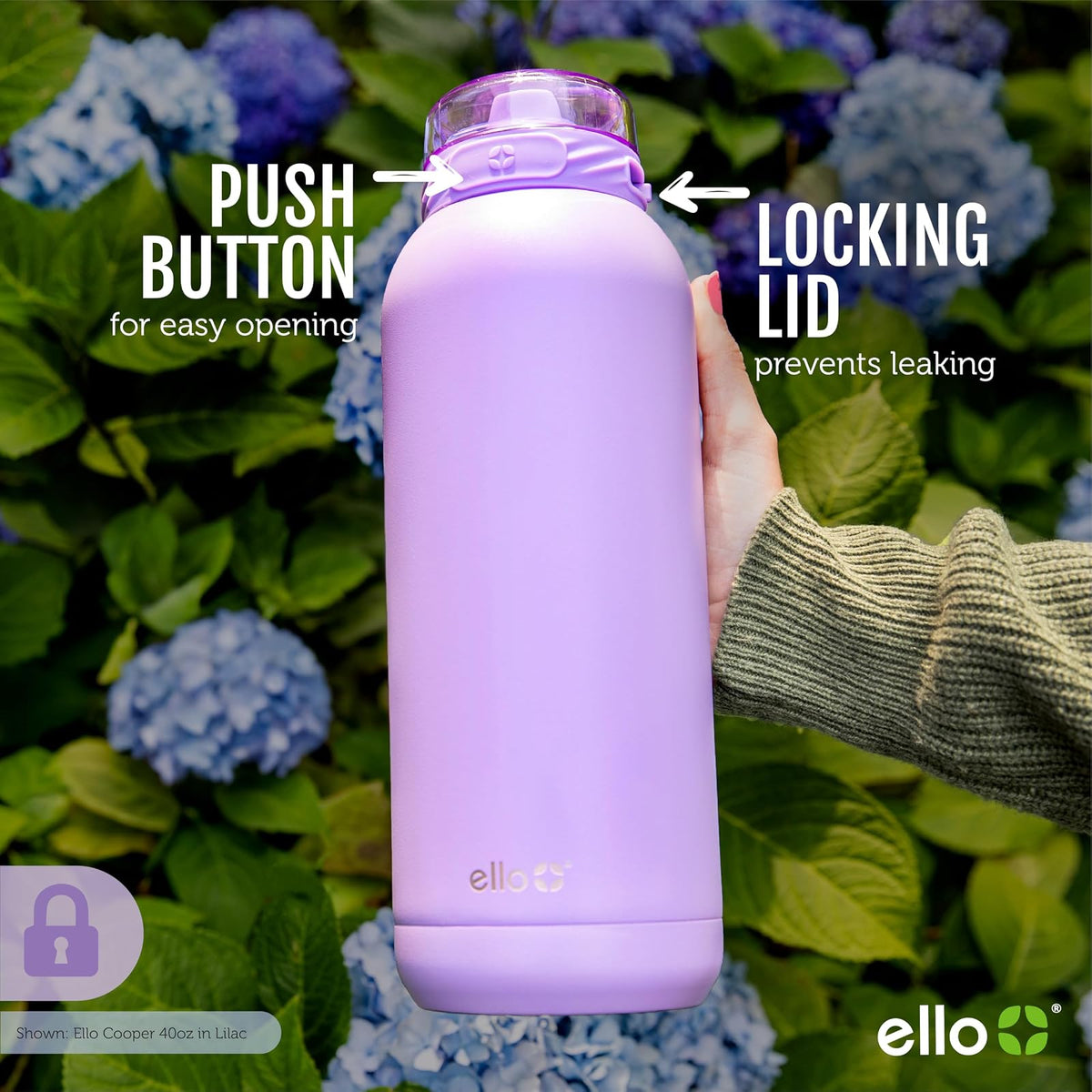 Ello Cooper - Botella de agua de acero inoxidable de 40 onzas con popote y asa de transporte, doble pared y aislamiento al aspiradora, tapa de bloqueo a prueba de fugas con boquilla de silicona suave,