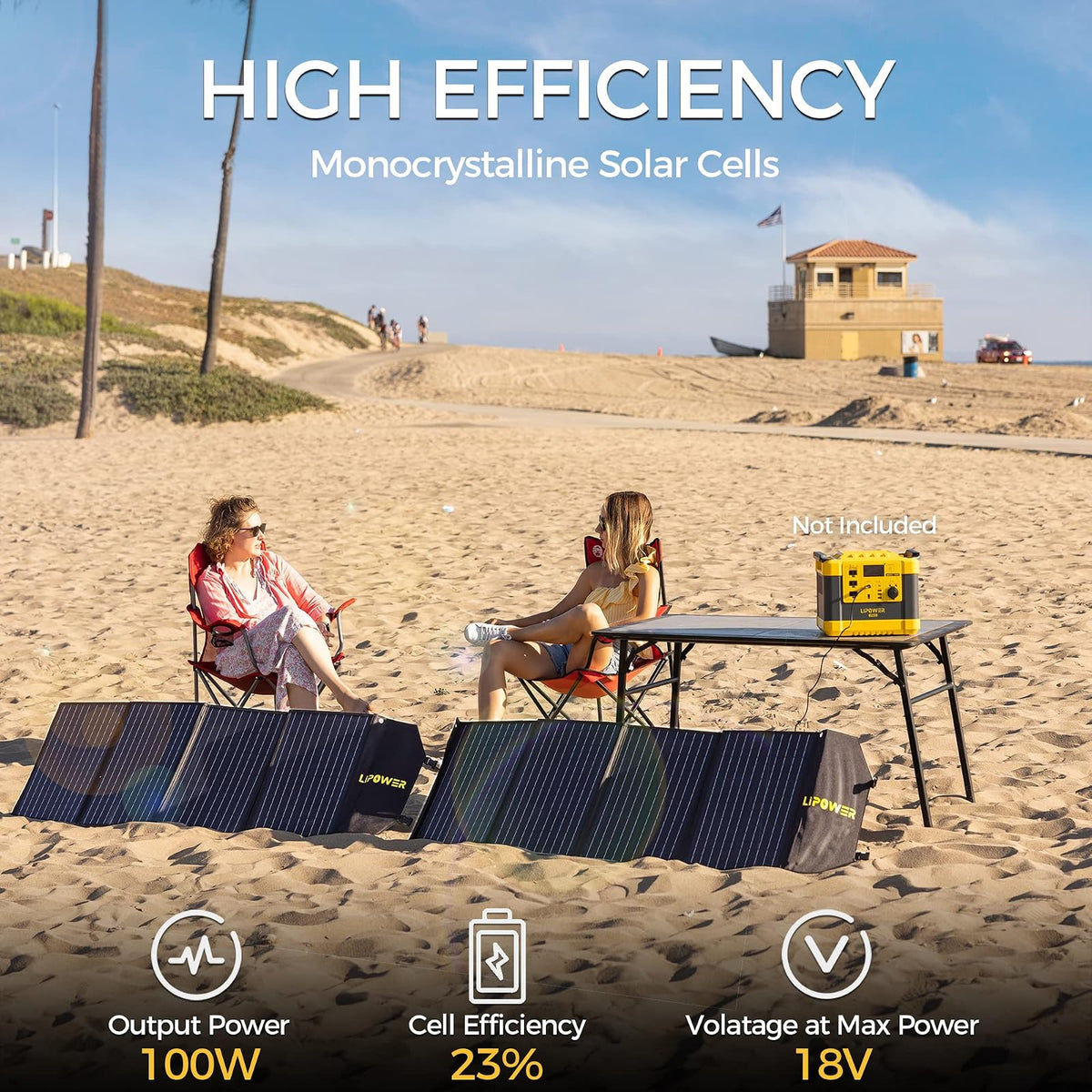 LIPOWER 100W Portable Solar Panel 18V for 300W/ 500W/ 1000W Power Generator, Foldable Solar Charger for PA300/ SOL500/ MARS-1000, with USB, Type-C PD Output, for Camping Van RV Power Outage