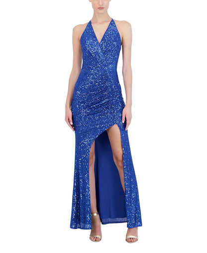 BCBGMAXAZRIA Vestido de Noche Largo sin Mangas y Acampanado, Cuello Halter, Espalda Abierta, Abertura Frontal, Vestido Vestido para Mujer