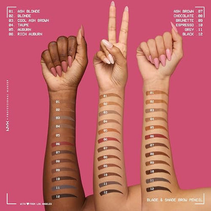 NYX Professional Makeup Blade Shade Brow Pencil Tono Ash Brown (gris obscuro), 0.06gr - Lápiz de ceja de dos puntas, resistente a desvanecimientos y transferencias, dura hasta 16H, fórmula vegana