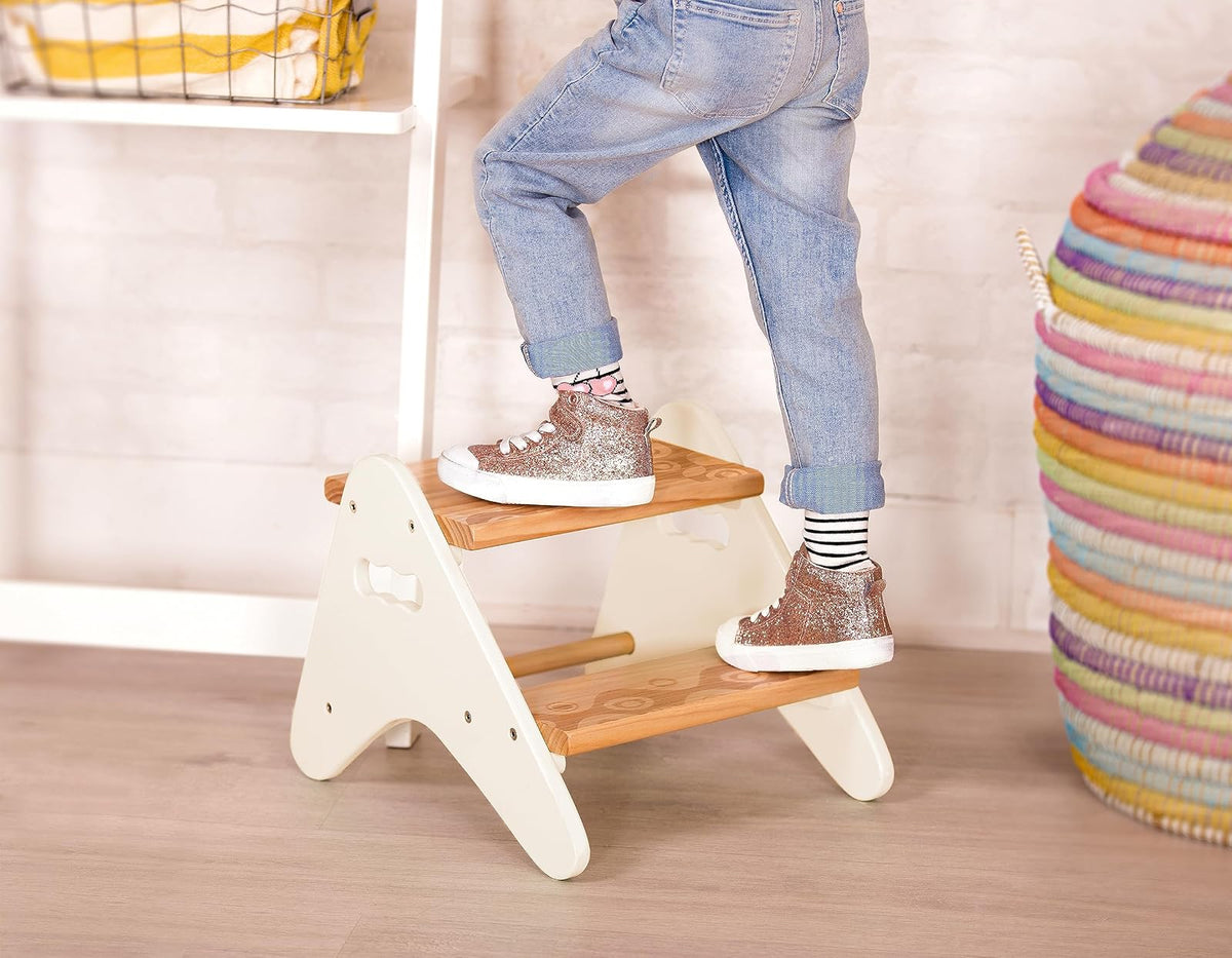 B. toys Peek-A-Boost, Taburete Infantil Marfil de Madera, 2 peldaños | Con asas recortadas, 2 peldaños anchos con textura y llave hexagonal incluida; para baño, cocina o dormitorio; 2 años y +
