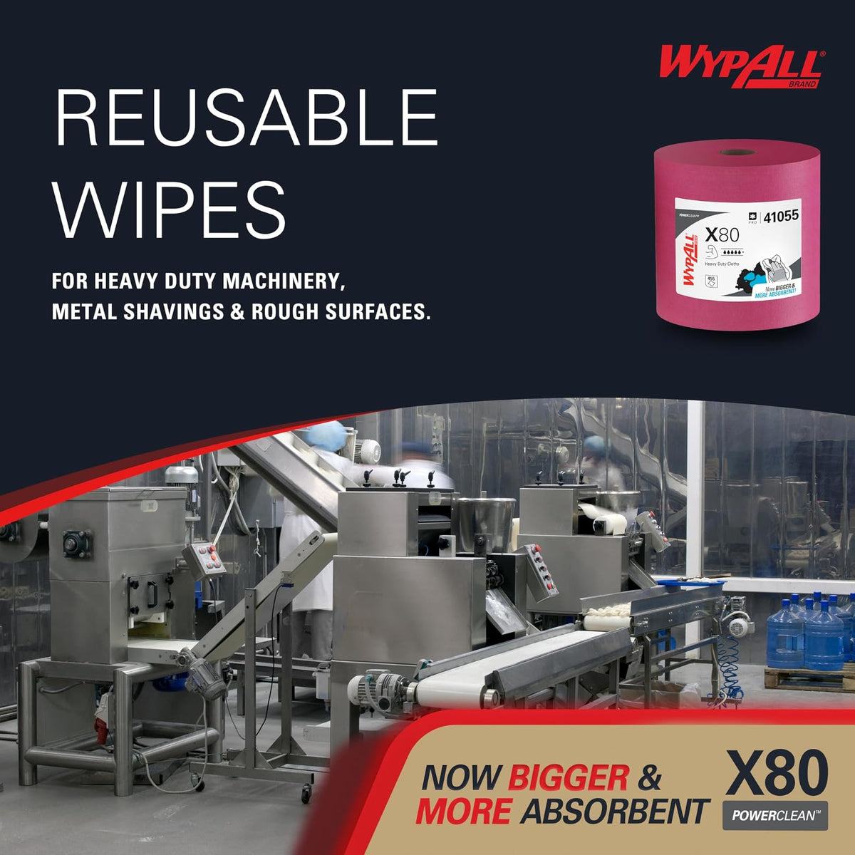 WypAll PowerClean X80 - Toallitas resistentes (41055), Jumbo, toallas de uso extendido, rojo (1 rollo de 455 hojas, 455 hojas en total)