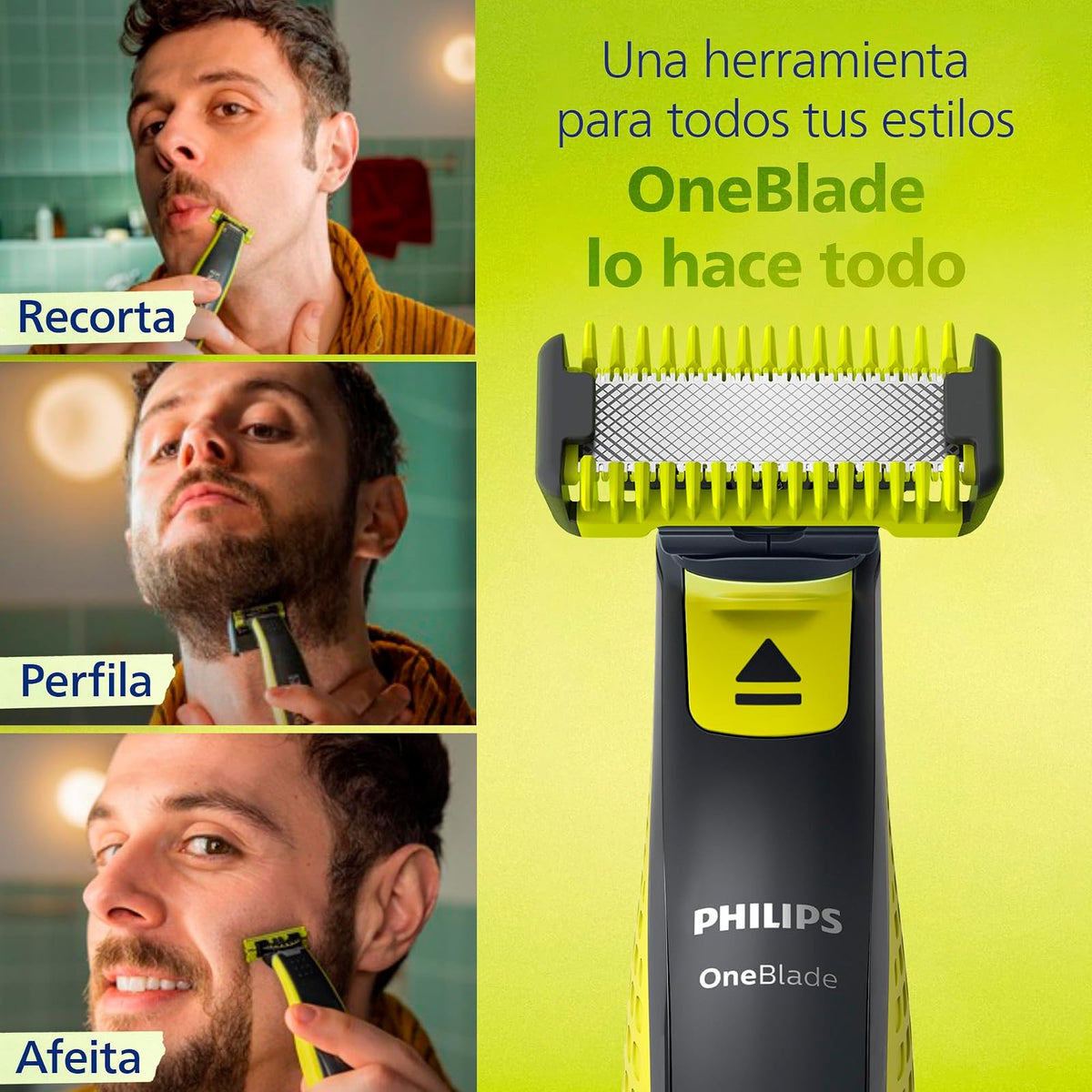 Philips OneBlade Afeitadora y Recortadora Eléctrica Face & Body para Hombre | Recorta, perfila y afeita | Corta el vello, no tu piel | Uso seco y húmedo | 5 accesorios y cuchilla adicional | QP2824/10