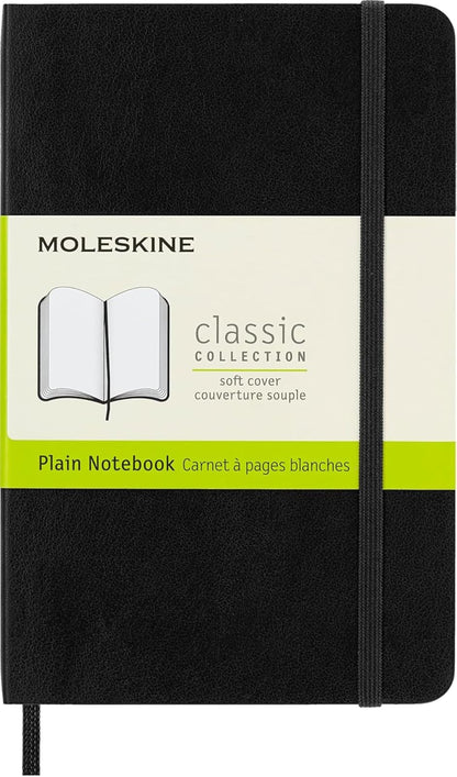 Moleskine Suave tamaño de bolsillo, cuaderno llano: en blanco. Con bolsillo plegable para notas. Cierre de banda elástica