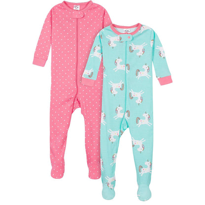 Gerber Paquete de 2 Pijamas con Pies y Cierre para Bebé Niña - Unicornios rosa. - 2 Años