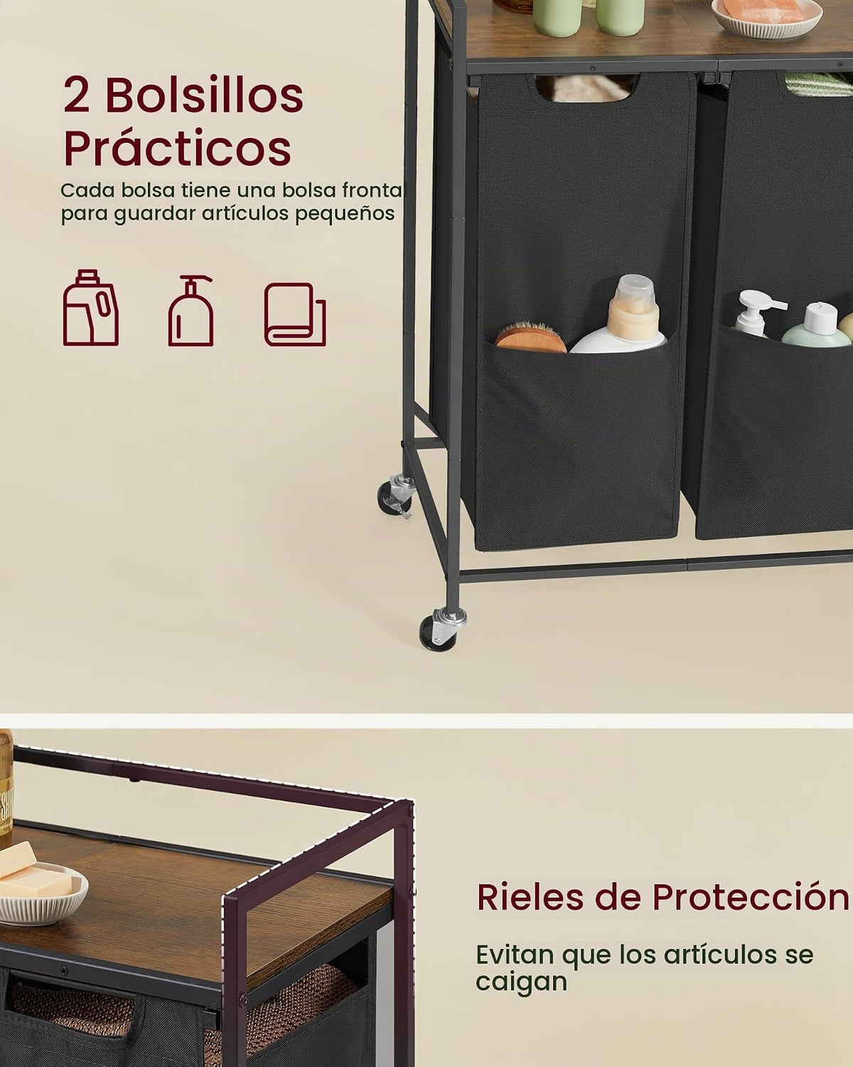 VASAGLE Cesto de Ropa Sucía con 3 Compartimentos, Carrito Rodante con Ruedas con Freno, Estante Superior, Bolsas Extraíbles, 93x32x93 cm MBLH021B01