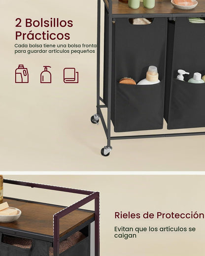 VASAGLE Cesto de Ropa Sucía con 3 Compartimentos, Carrito Rodante con Ruedas con Freno, Estante Superior, Bolsas Extraíbles, 93x32x93 cm MBLH021B01