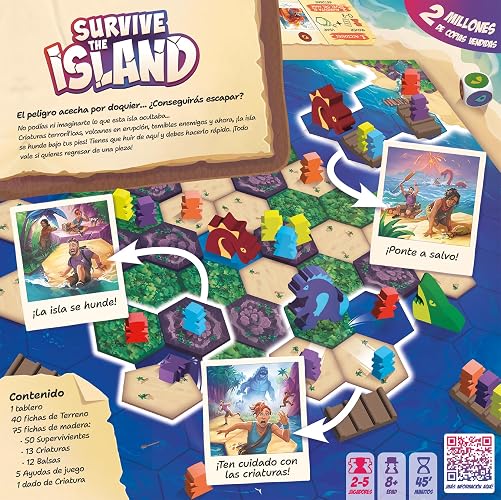 Survive The Island, Juego de Mesa de Supervivencia, 2-5 Jugadores, 45 Minutos por Partida, Edad 8+ Años, Tablero Hexagonal con Criaturas y Volcanes, Español