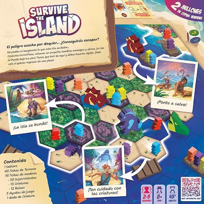 Survive The Island, Juego de Mesa de Supervivencia, 2-5 Jugadores, 45 Minutos por Partida, Edad 8+ Años, Tablero Hexagonal con Criaturas y Volcanes, Español