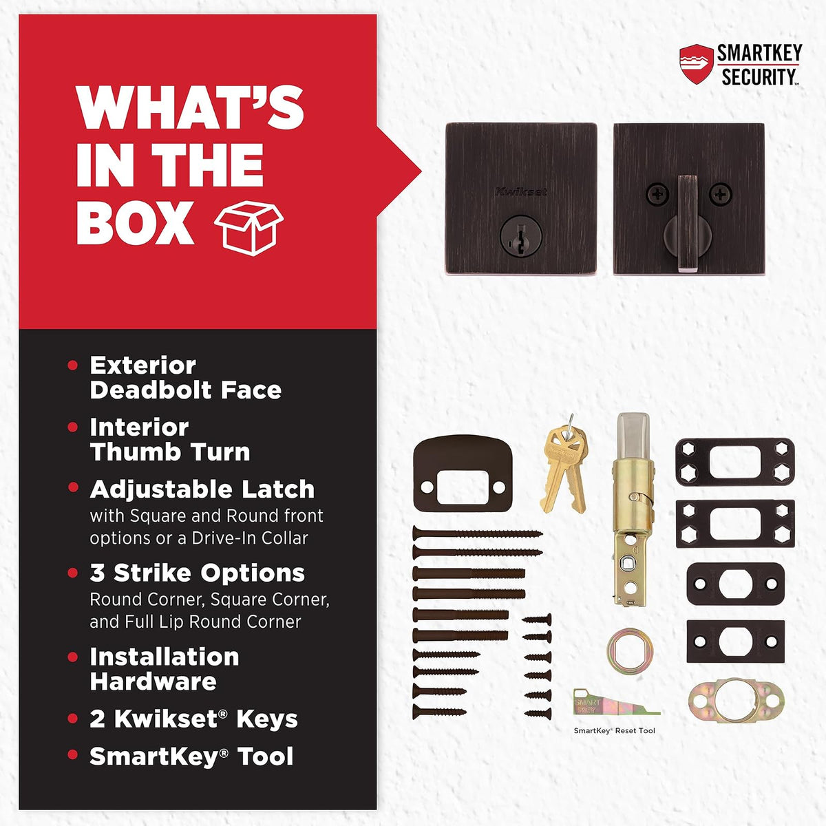 Kwikset - Cerradura de cerrojo del centro de la ciudad, puerta de entrada frontal cuadrada de bronce veneciano, seguridad SmartKey Rekey resistente a la selección, tornillo muerto de un solo cilindro,