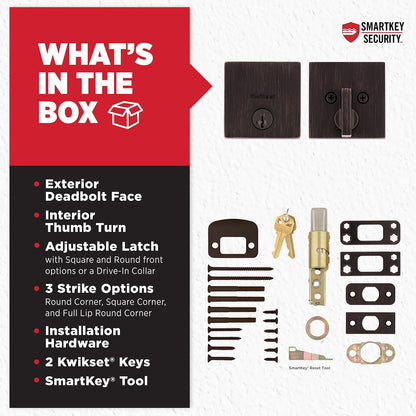 Kwikset - Cerradura de cerrojo del centro de la ciudad, puerta de entrada frontal cuadrada de bronce veneciano, seguridad SmartKey Rekey resistente a la selección, tornillo muerto de un solo cilindro,