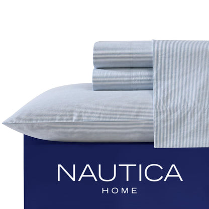 Nautica - Juego de sábanas Queen, Juego de Ropa de Cama de percal de algodón, crujiente y Fresco, Ligero y Transpirable (Azul centavo a Rayas, Queen)