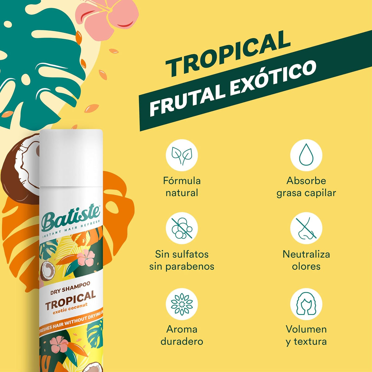 Batiste Tropical, Shampoo En Seco, Fragancia Cítrica, Limpia Y Refresca el Cabello, Sin Sulfato Ni Parabenos, Aerosol 200ml