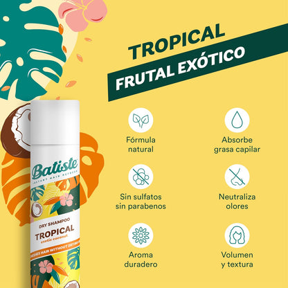 Batiste Tropical, Shampoo En Seco, Fragancia Cítrica, Limpia Y Refresca el Cabello, Sin Sulfato Ni Parabenos, Aerosol 200ml